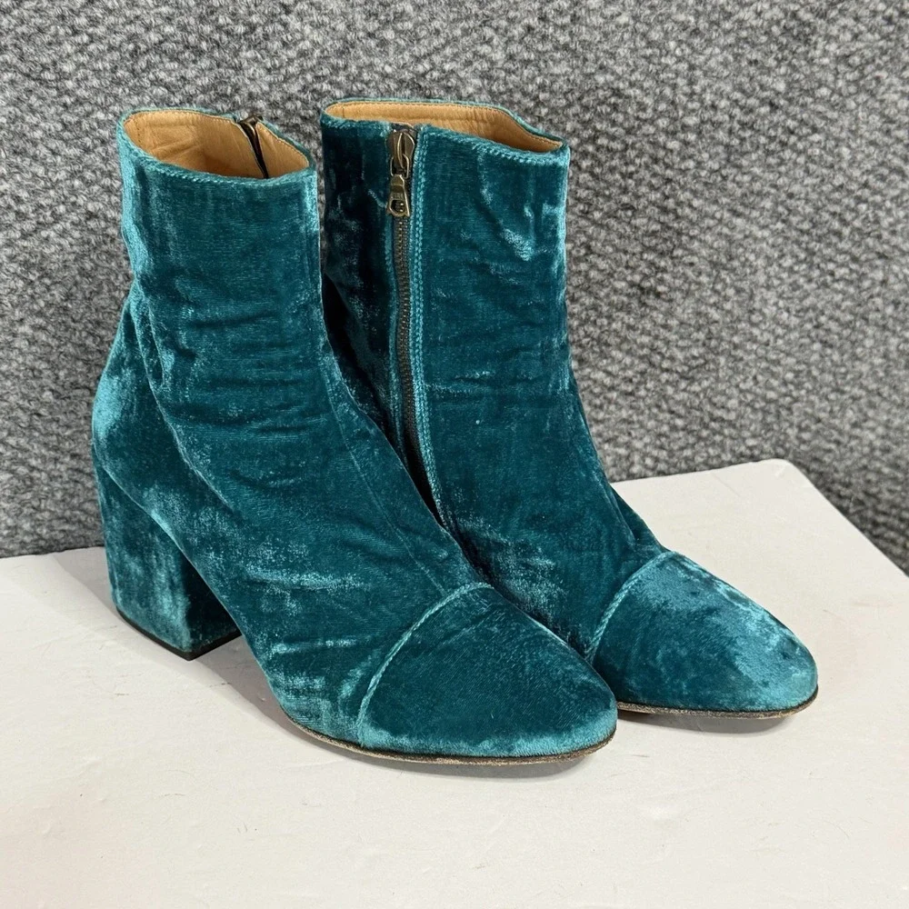 Dries Van Noten Italy Crushed Velvet Ankle Boots Bootie Size 38 Teal